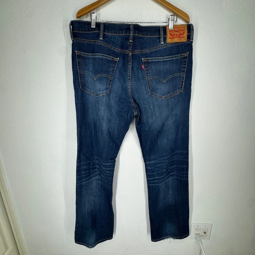 Levis 527 Slim Bootcut Jeans Mens 38x32 Dark Wash Stretch‎ Denim Blue Whiskered